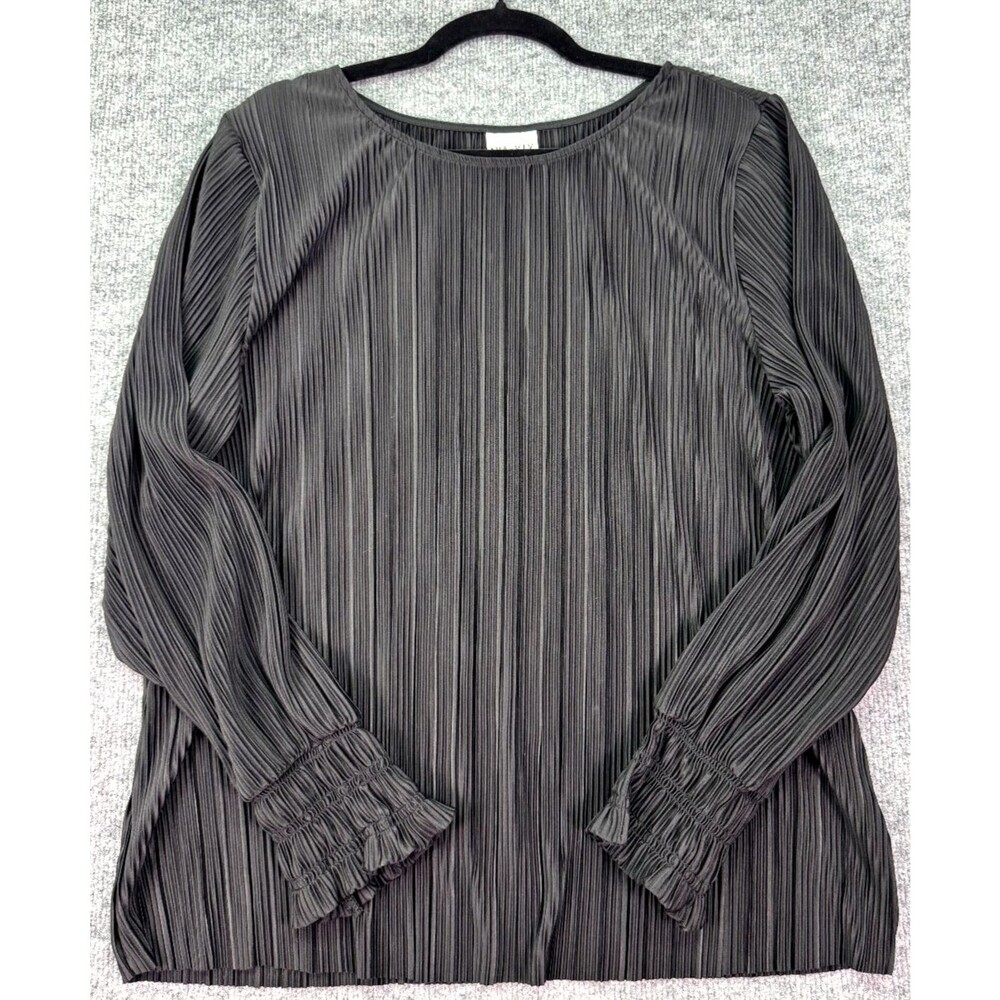 Ava & Viv 1X Black Pleated Blouse Long Sleeve Ruffle Cuff Holiday Party Top